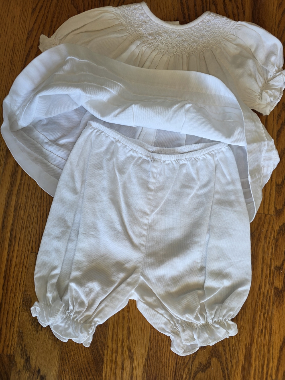 White Smocked Baby Dress with Bloomers - Picture 2 of 10